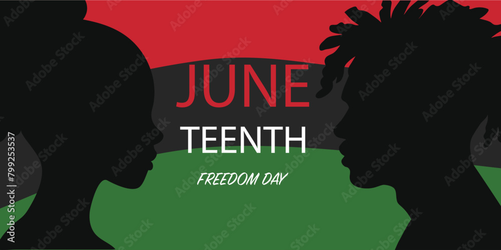 Juneteenth Freedom Day. June 19 2022 African American Liberation Day. Black, red and green. Silhouette of a man and a woman in profile. Vector illustration Juneteenth Freedom Day. June 19 2022 African American Liberation Day. Black, red and green. Silhouette of a man and a woman in profile. Vector illustration