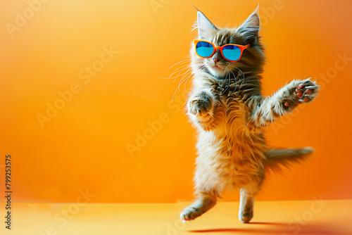Playful Siamese Orange Cat with Purple Aviator Glasses on Matching Orange Background