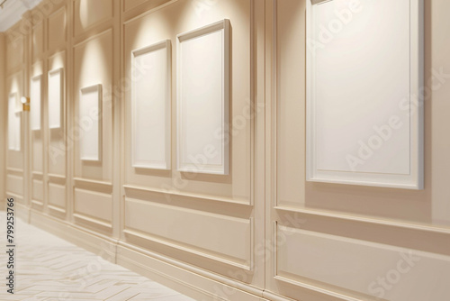 Elegant Gallery with Soft Beige Walls Displaying Multiple Blank Canvas Frames  Ideal for Mockups  Under Flawless Lighting Conditions