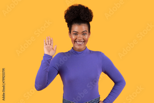 Woman in Purple Shirt Making Hand Gesture
