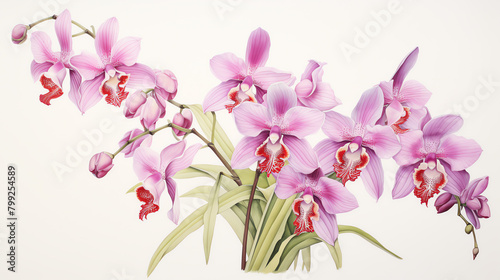 Create a detailed botanical drawing of a rare orchid  highlighting its unique structure and coloration