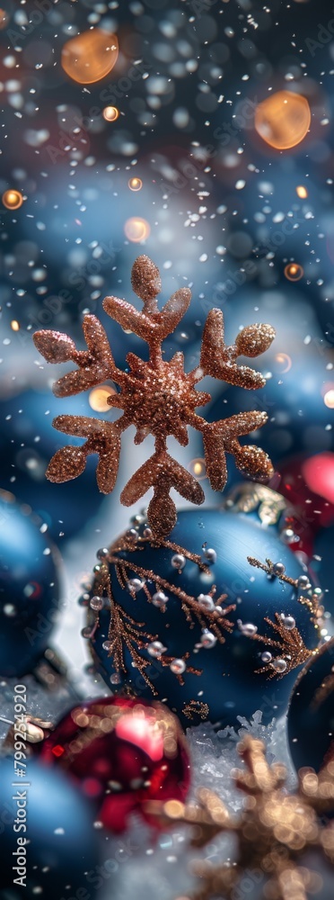 Fototapeta premium Enchanting Winter Wonderland with Christmas Decorations and Sparkling Snowflakes,Winter snow background with Christmas toys, snowdrifts, beautiful lights and snowflakes on night blue sky, banner forma