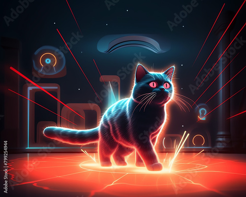 Develop an animated gif of a cat playfully chasing a laser pointers light across different fun backgrounds photo
