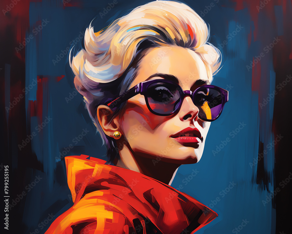 Paint a stylish portrait of a fashion icon using bold colors and dramatic lighting for an art exhibition