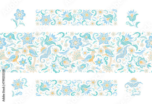 Vector elements, frame, seamless border, pattern, frieze, for design template. Floral pastel ornament in Oriental style. Birds and flower illustration. Ethnic ornamental decor, ornaments background.