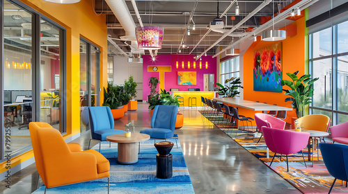  A creative office space with colorful accents, eclectic furniture, and inspirational artwork, fostering innovation and collaboration in a dynamic and energetic atmosphere, against a backdrop of vibra photo