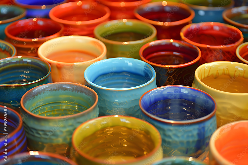 Colorful ceramic cups sit arranged in an artistic display, each one a unique expression of creativity and craftsmanship Colorful ceramic cups sit arranged in an artistic display, each one a unique expression of creativity and craftsmanship