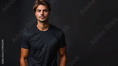 man, male model wearing tshirt mockup, t-shirt blank short sleeve black, solid background © Barbara Taylor