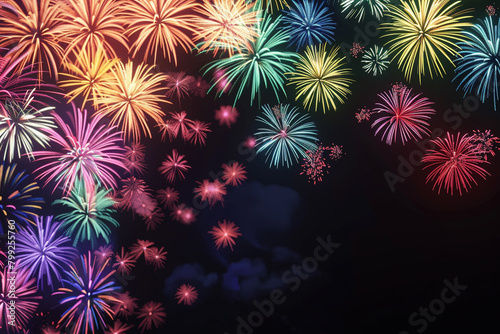 A cascade of colorful fireworks emerges from one side, against a pure, solid black canvas, strategically leaving a large,