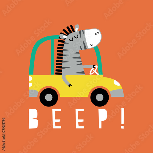 cute zebra driver drawing as vector for kids fashion