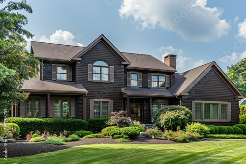 High-angle view capturing the wide expanse of a rich chocolate brown house with siding, traditional windows, and shutters, on a suburban lot.