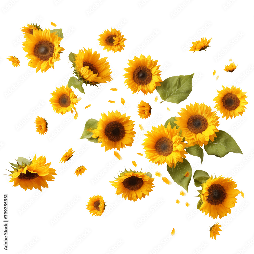 Image of sunflowers fluttering in the air on a transparent background Image of sunflowers fluttering in the air on a transparent background