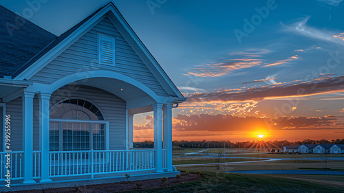 High-definition sunset scene at a new community clubhouse with a white porch and gable roof, featuring a semi-circle window.
