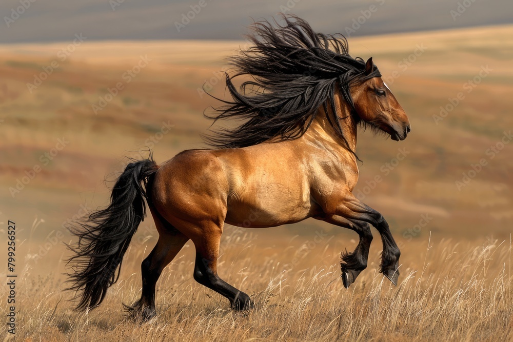 Fototapeta Rearing Buckskin Horse: Portrait of Wild Spirit in Action on Natural Prairie Background