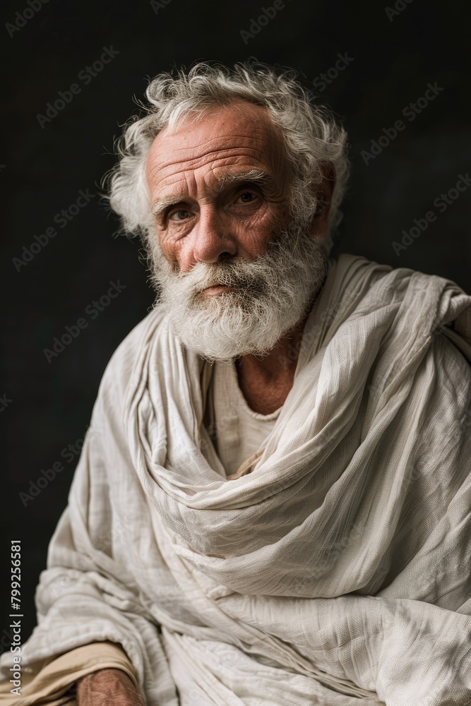 Aged Grandfather in Friendly Portrait, Dressed in Toga with Grey Hair and Wise Emotion captured in Aged Grandfather in Friendly Portrait, Dressed in Toga with Grey Hair and Wise Emotion captured in