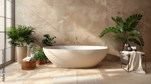 Elegant and modern spa bathroom with minimalist design and lush green plants