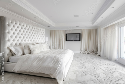 Luxurious white master bedroom with a floor-to-ceiling velvet headboard, plush carpets, and a discreetly hidden television.