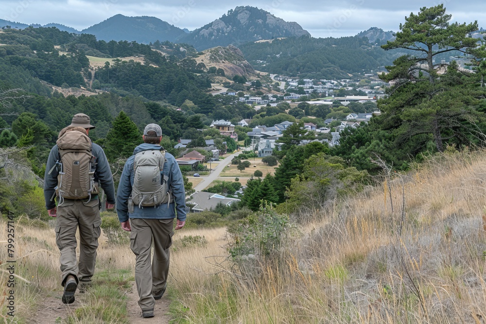 Two Men Walking Up a Hill Towards a Town