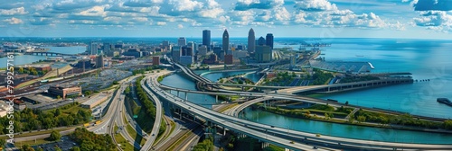 Aerial View of Cleveland OH with Highway, Transit, Train and High-rise Buildings Overlooking Lake photo