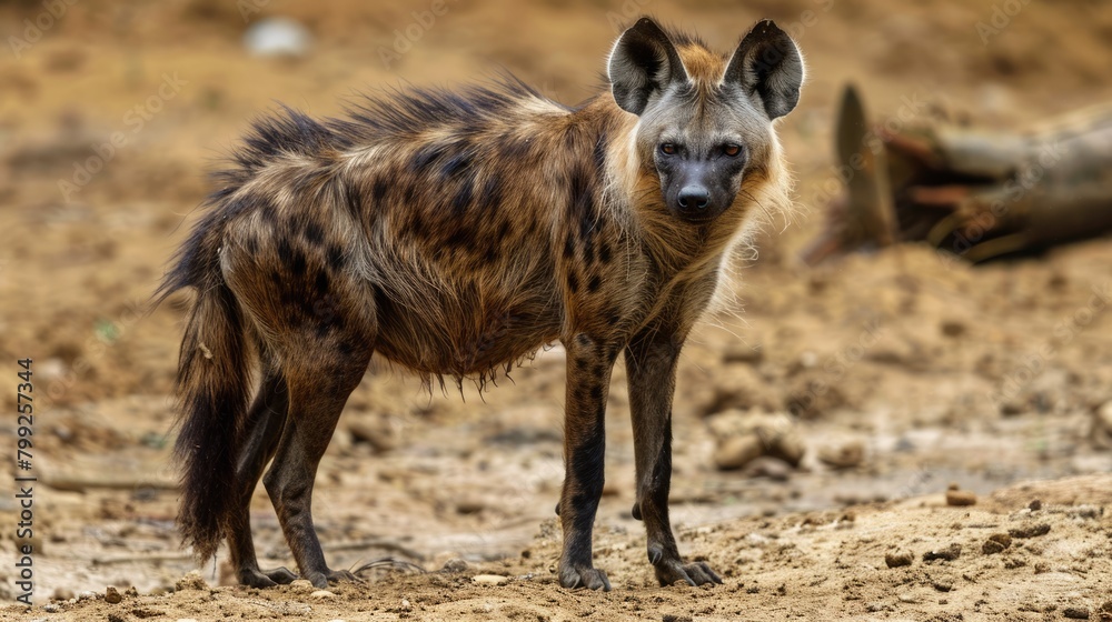 Fototapeta premium Elusive Brown Hyena in the Desert of Africa - Capturing an Elusive Animal in the Sand Dunes