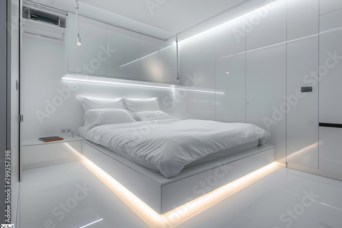 Minimalist white master bedroom with an ultra-modern floating bed, recessed lighting, and seamless built-in wardrobes.