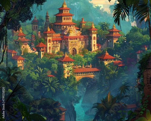 A majestic palace with golden domes and ornate architecture stands amidst a lush jungle with a cascading waterfall and a flowing river.