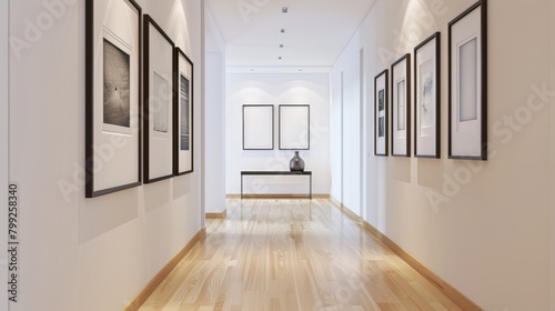 Elegant minimalist hallway design featuring framed wall art and wooden floor