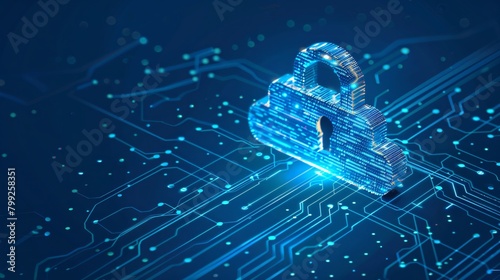 Blue digital locks securing data in a virtual cloud storage illustration