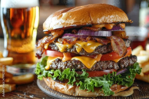 Double the Flavor: Enjoy a Tasty Double Cheeseburger with a Side of Beer