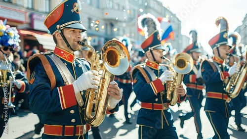 Marching Band on Parade with Brass Instruments Vibrant Uniforms and Dynamic Movement Through City Street with Spectators in Energetic Patriotic photo