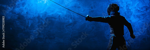 Poised Fencer Silhouette Against Royal Blue Backdrop Exuding Power and Precision