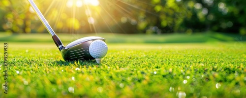 Golf ball on tee and driver golf club on grass background. perfect shot, closeup view, sunny day
