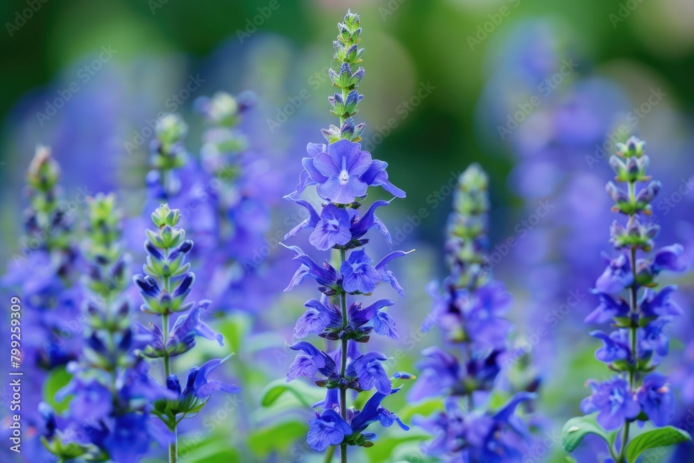 Blue Salvia Flowers in Garden: Beautiful Perennial Sage in White and Green Background Blue Salvia Flowers in Garden: Beautiful Perennial Sage in White and Green Background