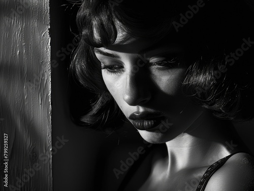 Film Noir: Woman's Brooding Black and White Look for Dramatic Film Portrait