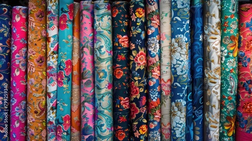 Bright and Colourful Fabric Bolts at Grand Bazaar  Istanbul  Turkey. Blue Background Adds Texture