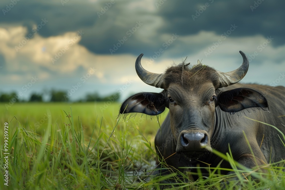 Water Buffalo Grazing in the Fields of Isan Thailand - a Typical Scene of Siam's Rustic Countryside Water Buffalo Grazing in the Fields of Isan Thailand - a Typical Scene of Siam's Rustic Countryside
