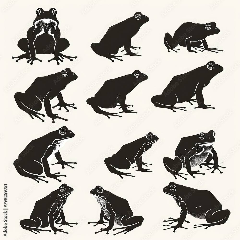 Fototapeta premium Frog Silhouette Illustration. Collection of Isolated Amphibian Wildlife Signs in Nature