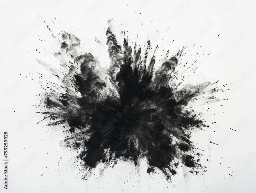 A striking visual of black powder in mid-explosion, captured as an abstract art form on a pure white canvas A striking visual of black powder in mid-explosion, captured as an abstract art form on a pure white canvas