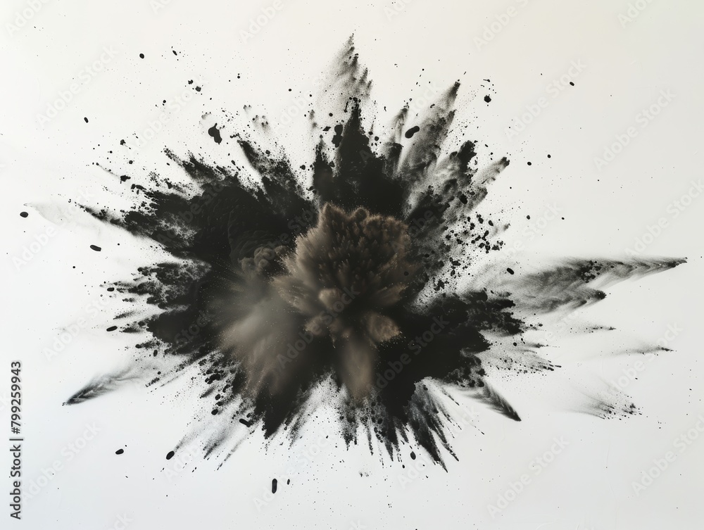 A striking visual of black powder in mid-explosion, captured as an abstract art form on a pure white canvas A striking visual of black powder in mid-explosion, captured as an abstract art form on a pure white canvas