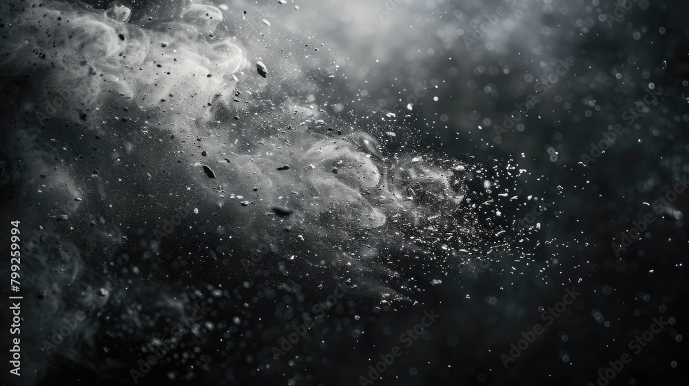 Flying Debris and Dust on Black Background. Isolated Burst of Dirt with a White Overlay Flying Debris and Dust on Black Background. Isolated Burst of Dirt with a White Overlay