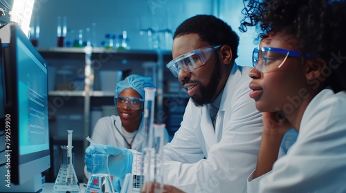 A team of scientists conducting experiments in a laboratory, smiling as they make breakthrough discoveries