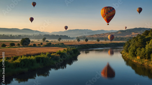 "Hot Air Balloons Soaring Over Scenic Landscape and River"