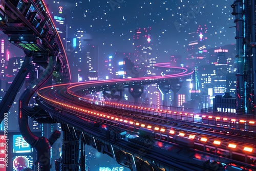Close up of futuristic cityscape, neon lights and elevated train tracks, under starry night sky