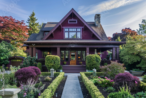 The elegant frontage of a deep maroon craftsman cottage style house, featuring a triple pitched roof, tastefully designed landscaping, a welcoming walkway,  photo