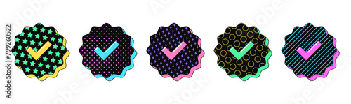 Isolated retro black Verified badge icon set, vector stickers. Blue tick checkmark tag, verified user, certified and original account. Textured Verification mark set, retro design elements for ads