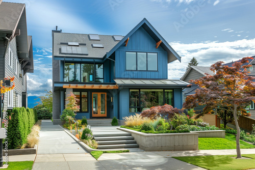 The facade of a modern electric blue cottage craftsman style house, featuring a triple pitched roof, sophisticated landscaping, a clear sidewalk, and distinct curb appeal.