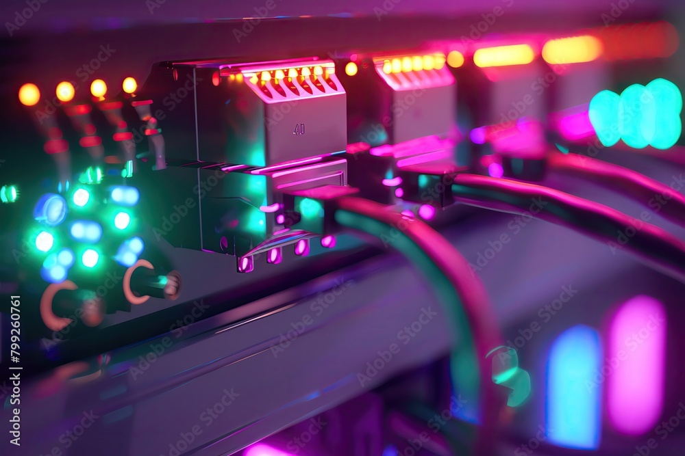 Detailed view of a network cable connected to a router, vibrant LED indicators Detailed view of a network cable connected to a router, vibrant LED indicators