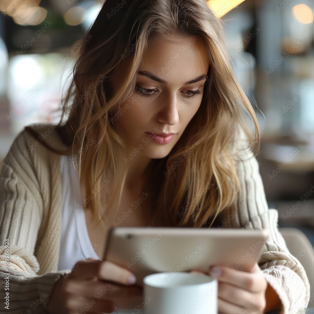 Close-up of a professional woman accessing an online course on her tablet during a lunch break, focused on the screen Close-up of a professional woman accessing an online course on her tablet during a lunch break, focused on the screen