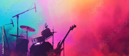 Silhouette of a music concert on stage with colorful smoke photo