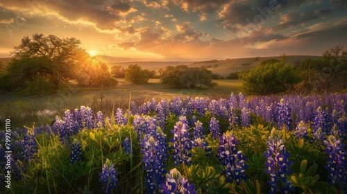Beautiful Bluebonnet Field in Sunset at Muleshoe Bend. Colorful Blossoms of Bluebonnet
